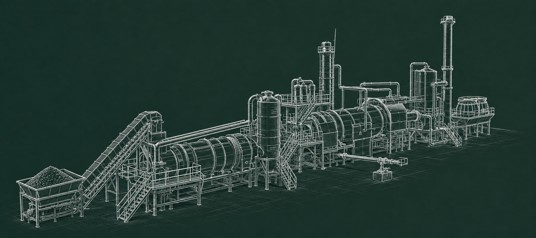 White-line conceptual biochar plant sketch showing biomass receiving, conveying, a thermal-processing line, piping, vessels and utility equipment.