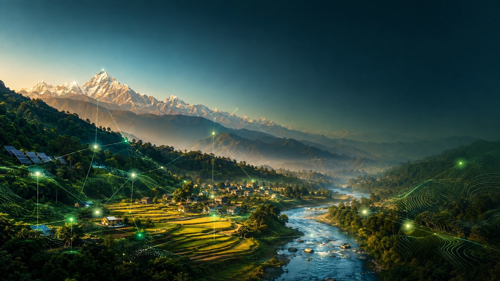 Concept landscape connecting nature, industry and climate data