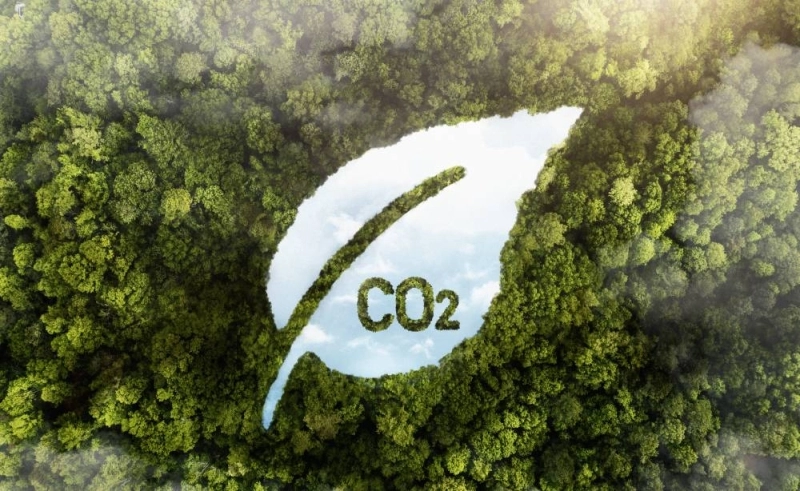 Article illustration of a leaf shape and CO2 lettering within a forest