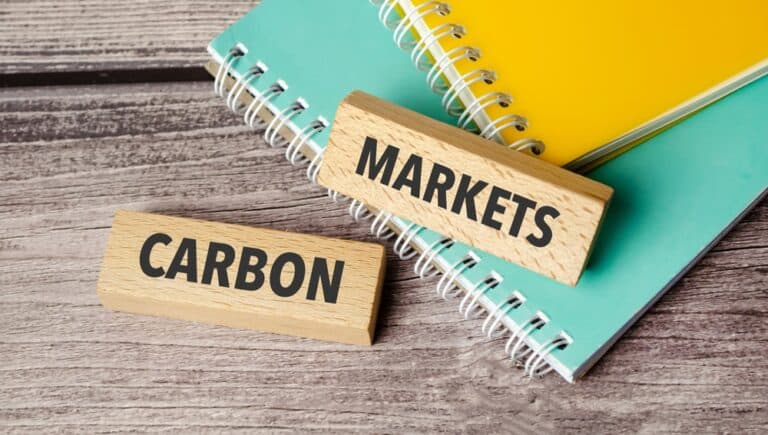 Wooden blocks reading Carbon Markets beside colourful notebooks
